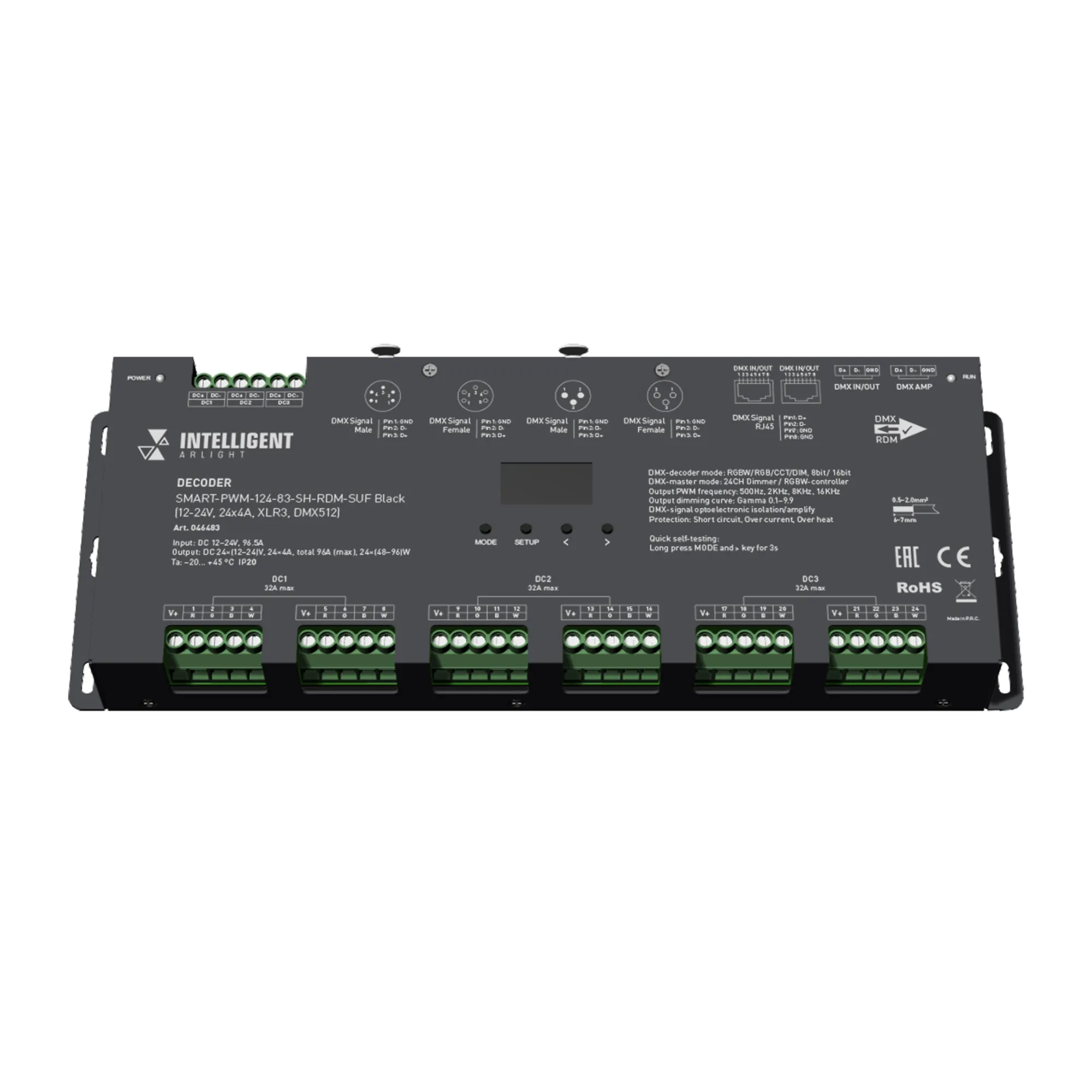 INTELLIGENT ARLIGHT Декодер SMART-PWM-124-83-SH-RDM-SUF Black (12-24V, 24x4A, XLR3, DMX512) (Arlight, IP20 Металл, 5 лет)