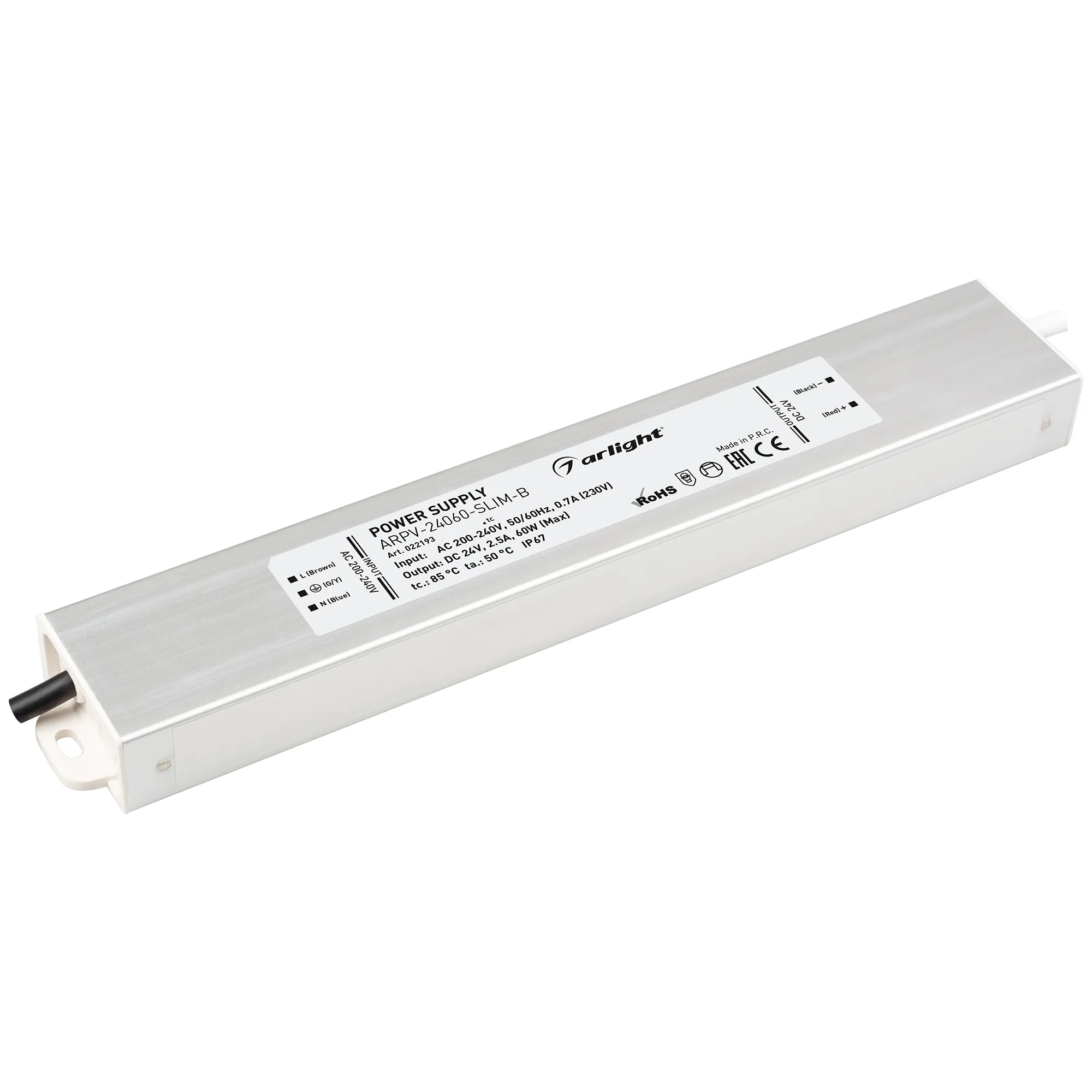 Блок питания ARPV-24060-SLIM-B (24V, 2.5A, 60W) (Arlight, IP67 Металл, 3 года) - изображение товара